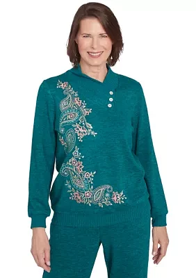 Women's French Quarter Paisley Embroidered Envelope Neck Sweater