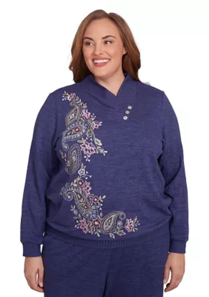 Plus French Quarter Paisley Embroidered Envelope Neck Sweater