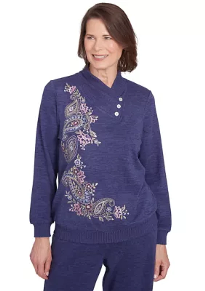 Petite French Quarter Paisley Embroidered Envelope Neck Sweater