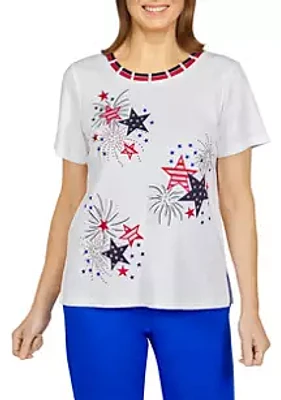 Alfred Dunner Women's American Dream Firework Stars Embroidered Knit Top