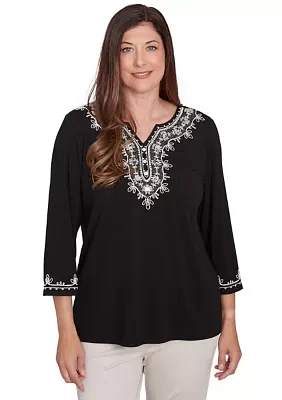 Petite Romancing the Stone Scroll Embroidered Yoke Top