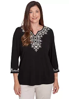 Petite Romancing the Stone Scroll Embroidered Yoke Top