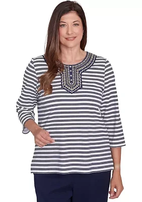 Women's Block Island Stripe Embroidered Yoke Top