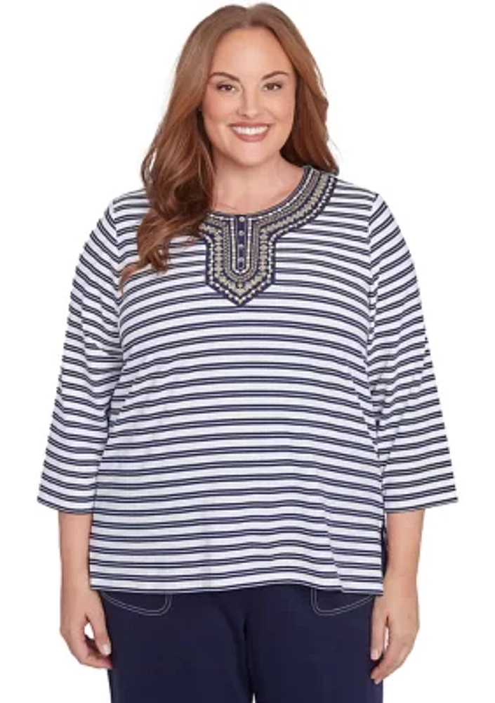 Plus Block Island Stripe with Embroidered Yoke Top