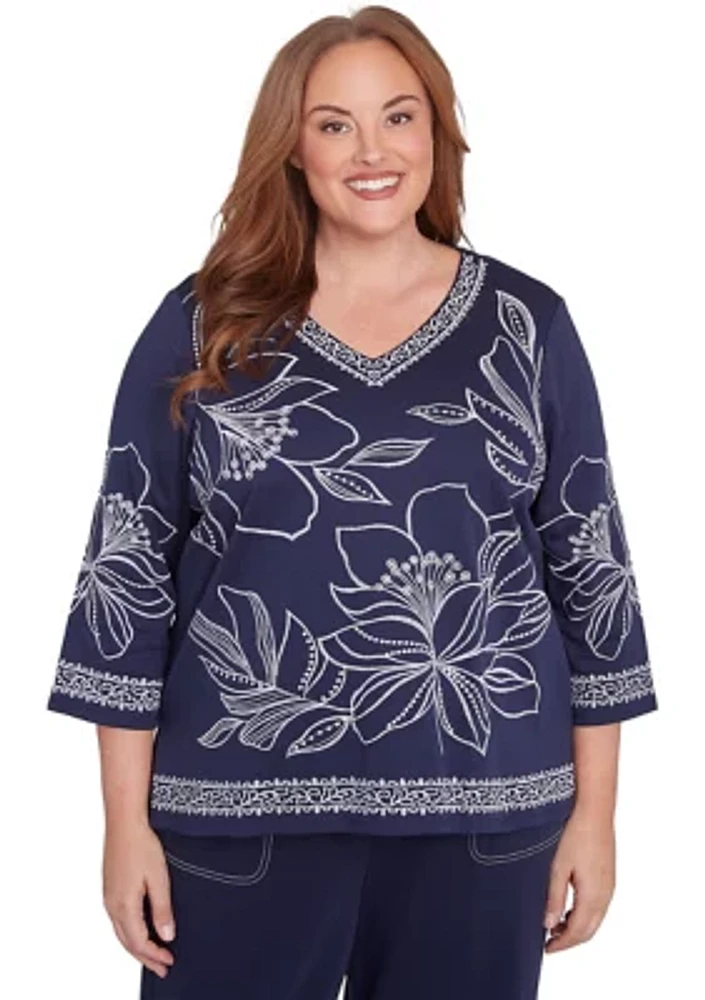 Plus Block Island Exploded Floral Embroidery Top