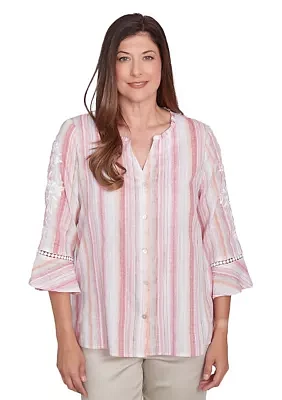 Petite 3/4 Embroidered Sleeve Lurex Stripe Top