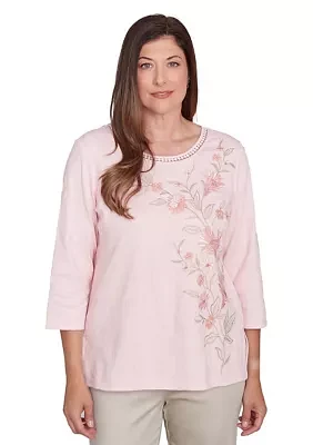 Petite 3/4 Sleeve Asymmetric Floral Embroidered Top