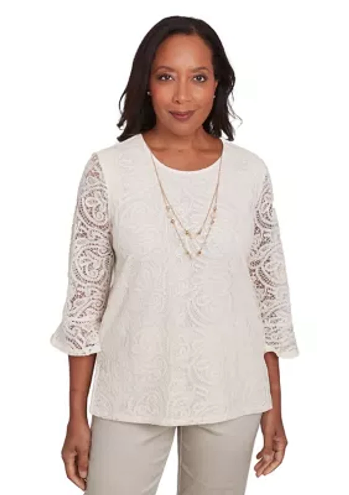 Petite 3/4 Sleeve Lace Knit Top