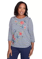 Women's Free Spirit Stripe Embroidered Butterflies Top