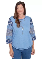 Women's Free Spirit Patchwork Sleeves Top with Necklace