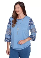 Women's Free Spirit Patchwork Sleeves Top with Necklace