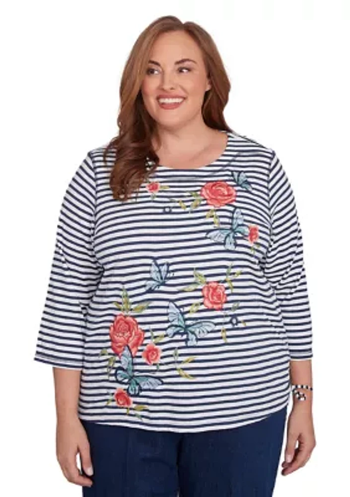 Plus Free Spirit Stripe Embroidered Butterflies Top