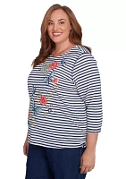 Plus Free Spirit Stripe Embroidered Butterflies Top