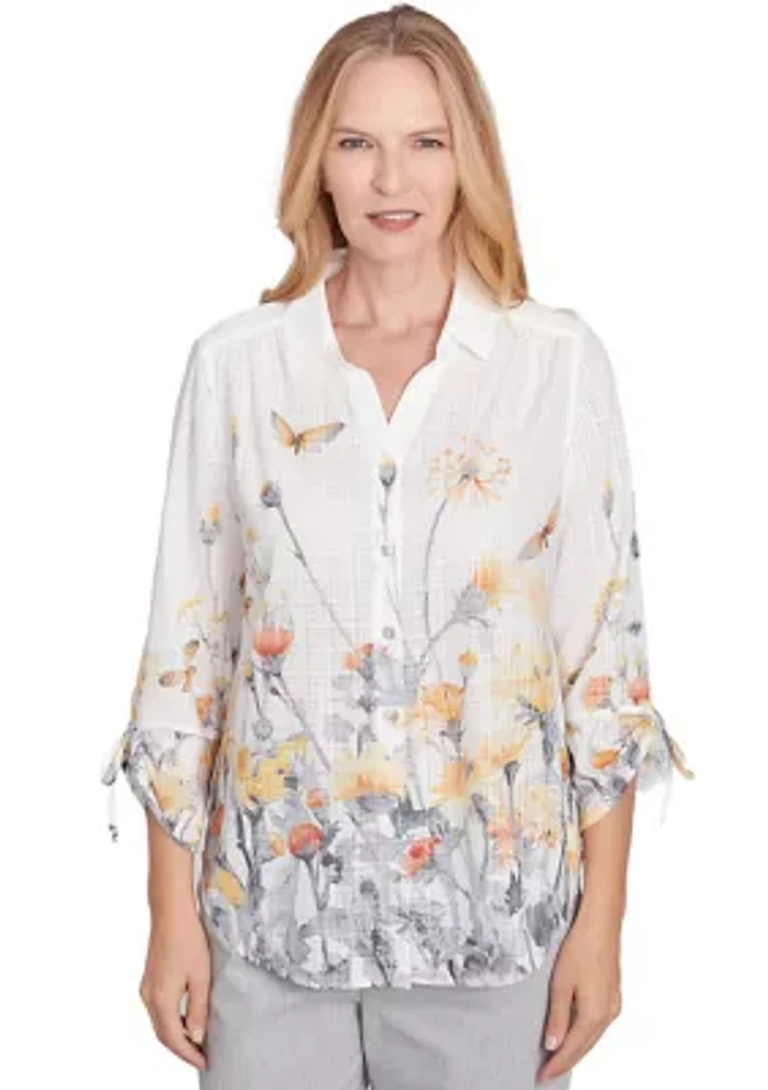 Petite Dress Code Butterfly Floral Border Top