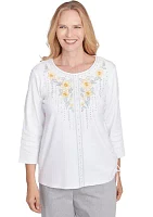 Petite Dress Code Linear Floral Yoke Embroidery Top