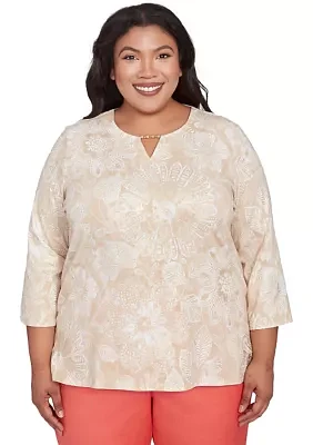Plus Catalina Island Texture Floral Top with Foil