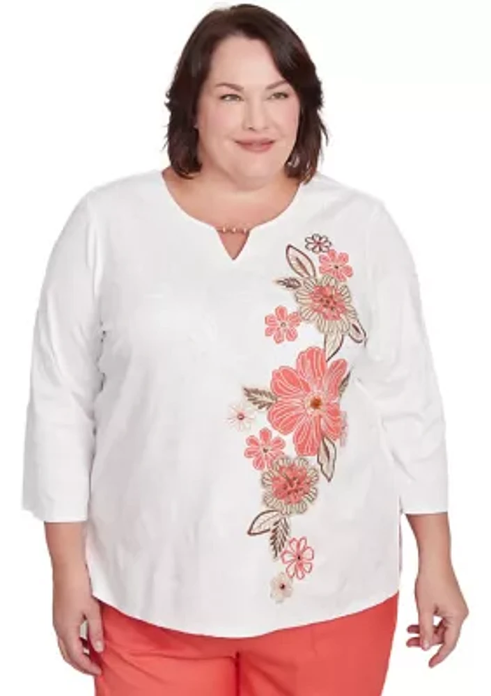 Plus Catalina Island Embroidered Flowers Top