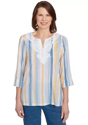 Women's Flower Power Stripe Top with Lace Neck