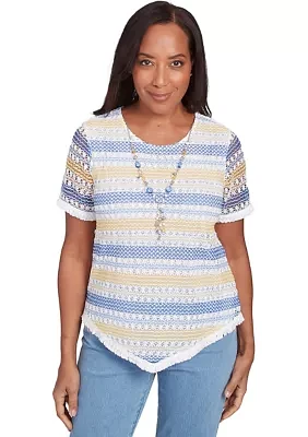 Women's Flower Power Texture Biadere Top with Fringe Details