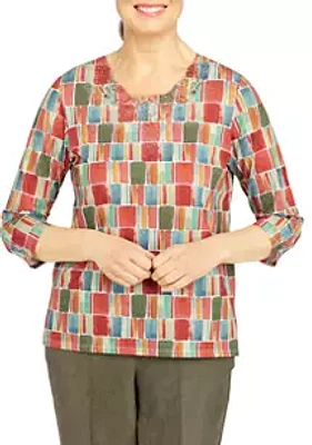 Alfred Dunner Petite Copper Canyon Crew Neck Three-Quarter Sleeve Geo-Print Top