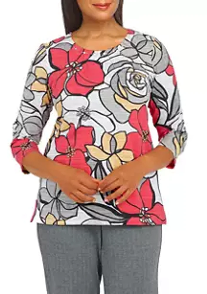 Alfred Dunner Women's Empire State Crew Neck 3/4 Sleeve Floral Print Top