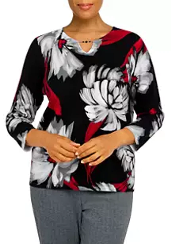 Alfred Dunner Women's Empire State Flower Split Neck 3/4 Sleeve Sweater