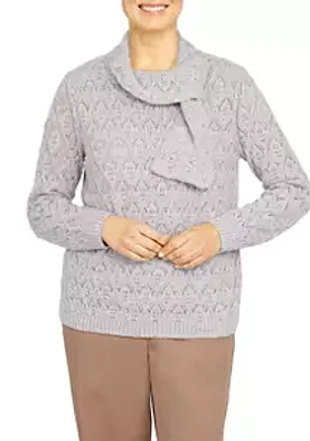 Alfred Dunner Women's Long Sleeve Pointelle Sweater with Scarf