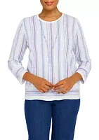 Alfred Dunner Women's Victoria Falls Crew Neck Three-Quarter Bell Sleeve Stripe Sweater With Removable Necklace