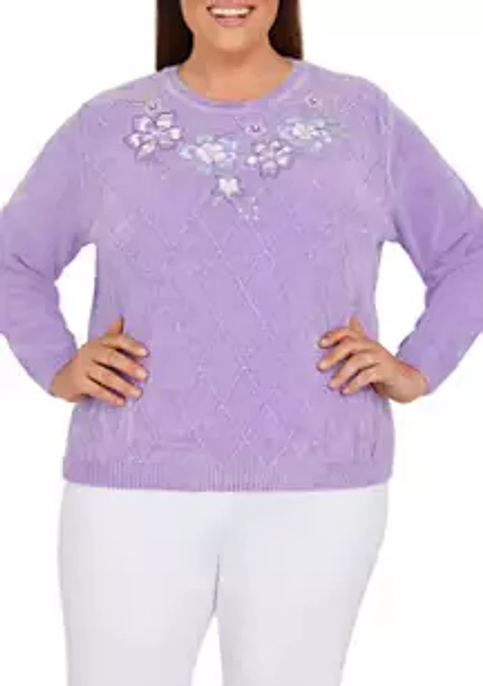 Alfred Dunner Plus Size Victoria Falls Crew Neck Long Sleeve Floral Chenille Sweater