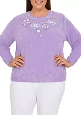 Alfred Dunner Plus Size Victoria Falls Crew Neck Long Sleeve Floral Chenille Sweater