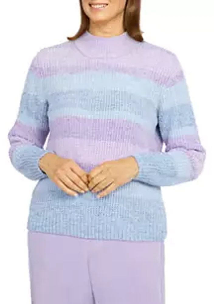 Alfred Dunner Petite Victoria Falls Mock Neck Stripe Chenille Sweater