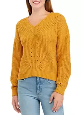 TRUE CRAFT Long Sleeve V-Neck Chenille Pullover Sweater