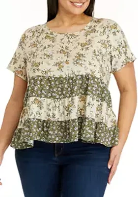 Aveto Plus Short Sleeve Mixed Tiered Babydoll Top
