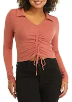 Planet Gold Juniors' Long Sleeve Collared Ruched Rib Knit Top