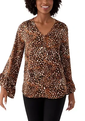 Women's Long Sleeve Printed Ruffle Blouse