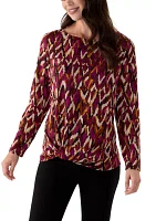 Women's Long Sleeve Printed Knot Hem Knit Top