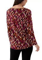 Women's Long Sleeve Printed Knot Hem Knit Top