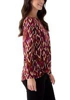 Women's Long Sleeve Printed Knot Hem Knit Top