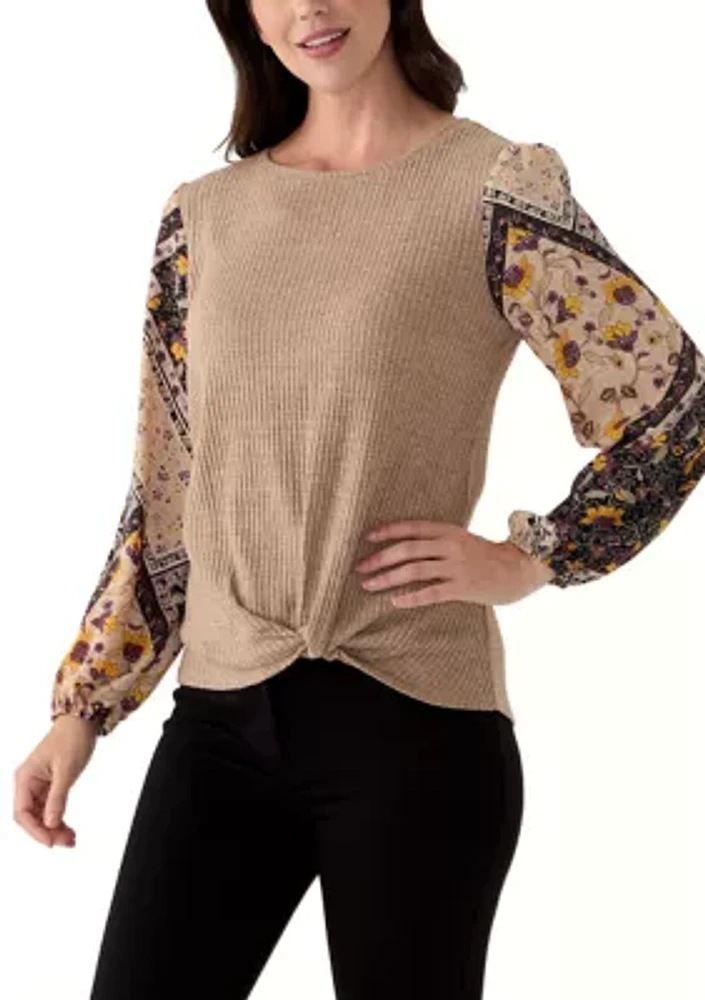 Women's Long Sleeve Mixed Media Knit Top