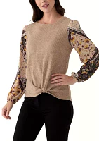 Women's Long Sleeve Mixed Media Knit Top