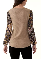 Women's Long Sleeve Mixed Media Knit Top