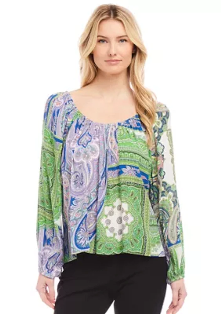 Petite Blouson Sleeve Printed Peasant Top