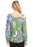 Petite Blouson Sleeve Printed Peasant Top