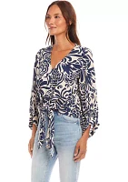 Women's Blouson Sleeve Tie Front Top