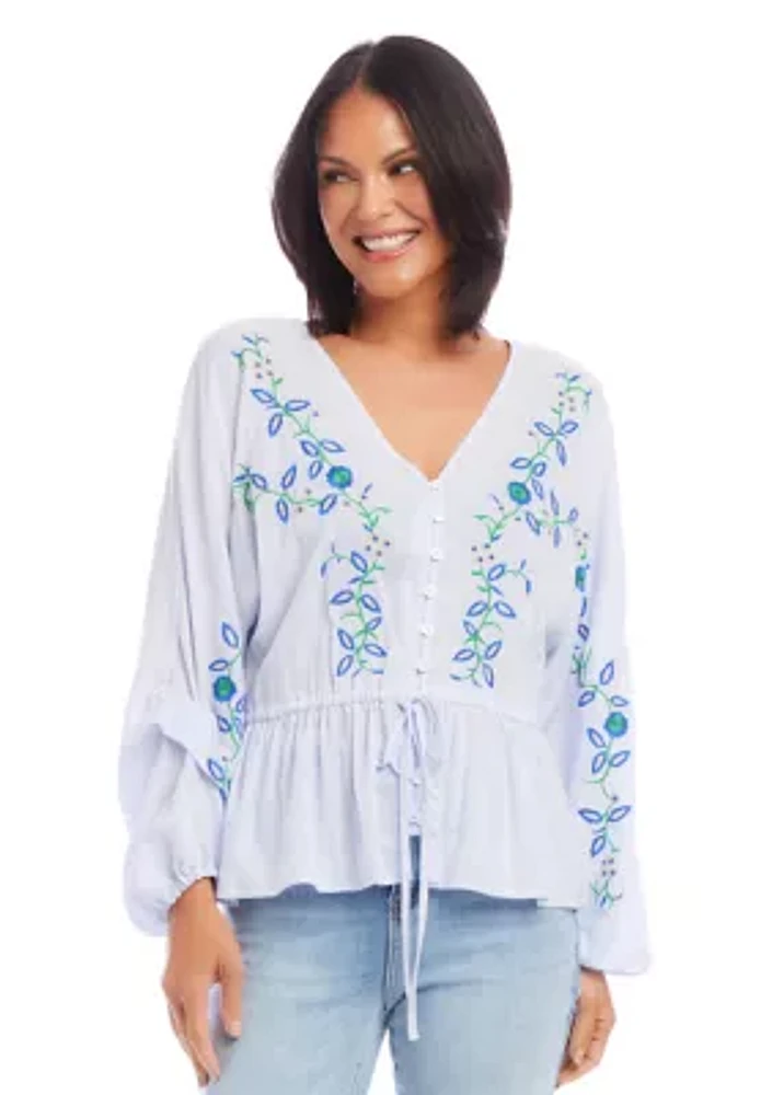 Petite Embroidered Drawstring Top