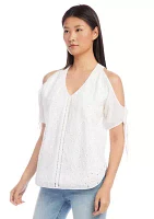 Petite Embroidered Cold Shoulder Top