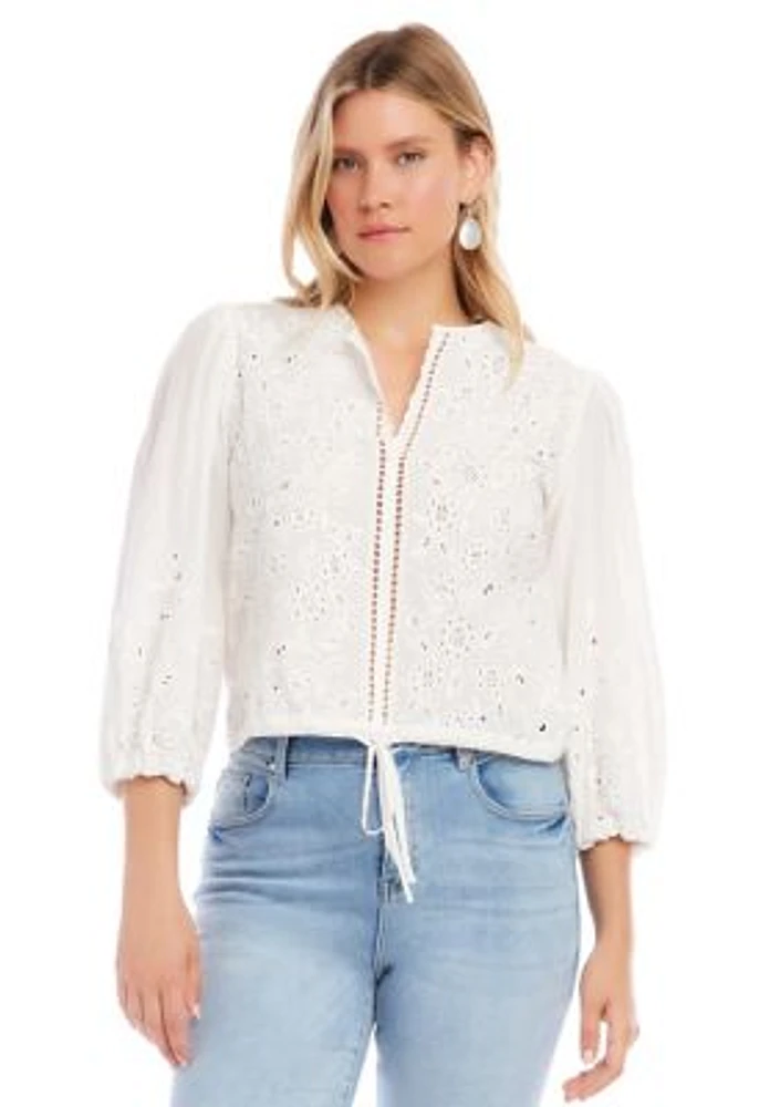 Women's Embroidered Tie Waist Top