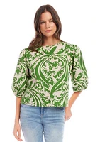 Women's Printed Puff Sleeve Button Front Top