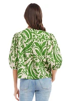 Women's Printed Puff Sleeve Button Front Top