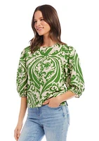 Women's Printed Puff Sleeve Button Front Top